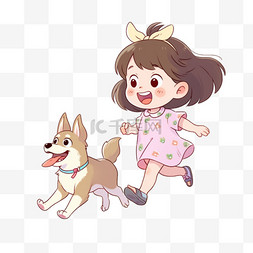 卡通奔跑小女孩图片_卡通小女孩宠物小狗元素手绘