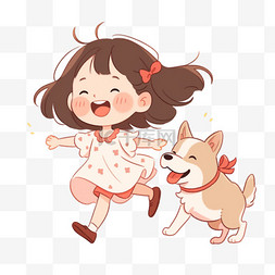 卡通小女孩奔跑图片_小女孩元素卡通宠物小狗手绘