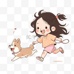 卡通奔跑小狗图片_小女孩宠物小狗手绘元素