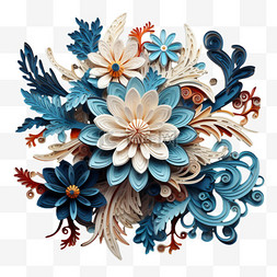 蓝色繁杂花朵剪纸拼接AI元素立体