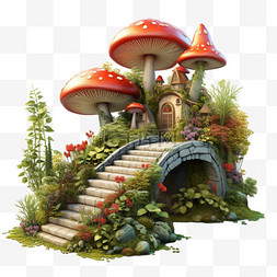 桥绘画图片_花园蘑菇桥上卡通AI元素立体免扣