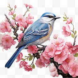 粉色花朵蓝色鸟中国画立体素材免