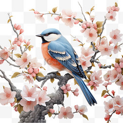 鸟中国画图片_花朵花枝胖胖的鸟中国画元素立体