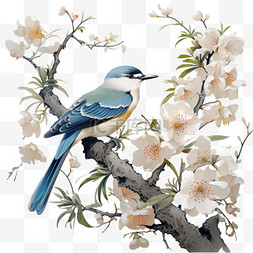 鸟中国画图片_白色花枝上蓝色的鸟AI元素立体免