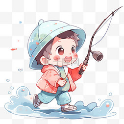 男孩钓鱼开心手绘元素卡通