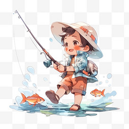 钓鱼竿卡通图片_可爱钓鱼男孩元素手绘