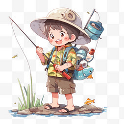 钓鱼竿卡通图片_可爱男孩钓鱼元素手绘