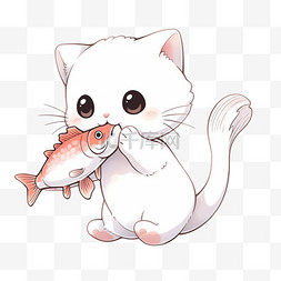 小猫吃鱼卡通手绘元素