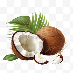 椰汁图片_带绿棕榈叶的完整碎椰子