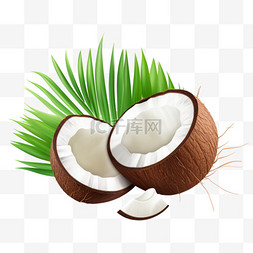 带绿棕榈叶的完整碎椰子
