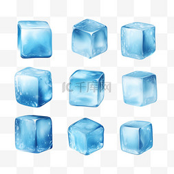 冰背景冰饮图片_冰块逼真的蓝色集，透明背景上隔