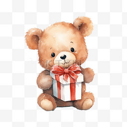 水彩可爱玩具熊抱着礼盒免扣元素