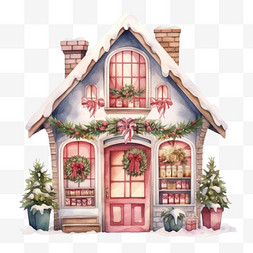 水彩粉色圣诞小屋免扣元素
