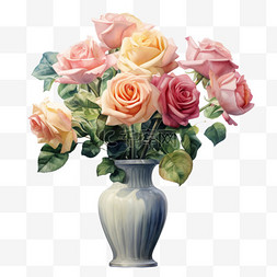 手绘玫瑰植物图片_水彩多束玫瑰鲜花花瓶免扣元素