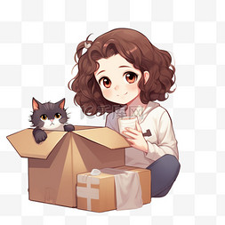 可爱的人物扁平图片_可爱的女孩带着猫把货物装进盒子
