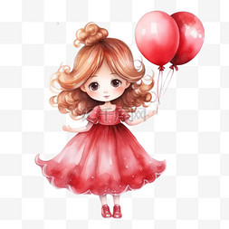 水彩红色气球小公主免扣元素