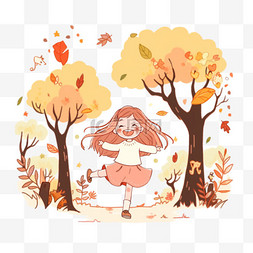 秋天可爱的女孩卡通元素手绘