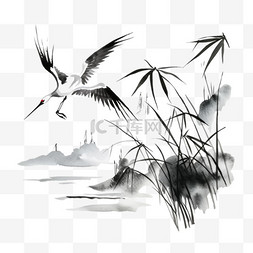 白鹭水墨图片_白露飞翔的白鹭水墨风元素
