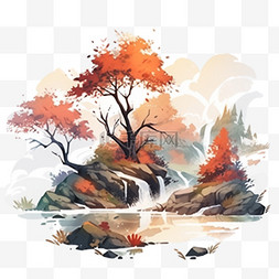 秋天树木风景山峰小溪手绘元素