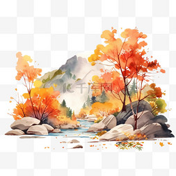 秋天树木山峰小溪手绘元素风景