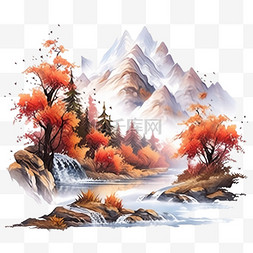 秋天元素风景树木山峰小溪手绘