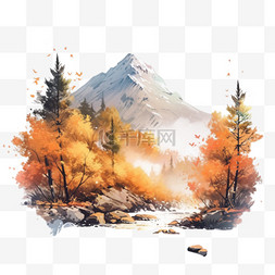 手绘秋天树木图片_风景树木山峰小溪手绘秋天元素