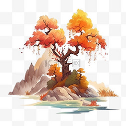 秋天树木山峰风景小溪手绘元素