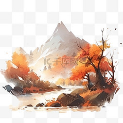 秋天风景山峰树木小溪手绘元素
