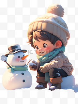 雪人立冬图片_冬天堆雪人的小孩卡通手绘