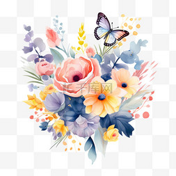 春天背景春天图片_水彩花束插图以蝴蝶腮红、粉蓝、