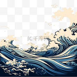 波浪泡沫的背景图片_深蓝色背景上浮世绘风格的海浪飞