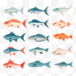 鱼翅剪影图片_白色背景上的一组矢量鱼图标，为