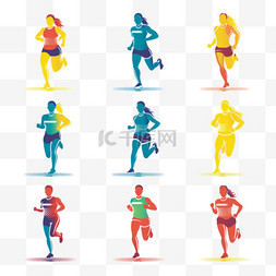 跑步彩色剪影图片_不同的复古跑步平面标志集。跑步