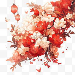 中国灯笼风图片_中国风古代花枝美丽花朵插画元素