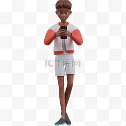 3D棕色男人帅气步行姿势玩手机