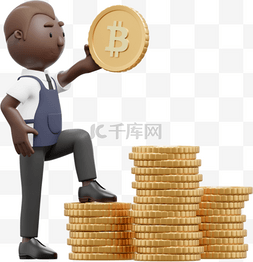 3D黑人男性手持金币比特币形象