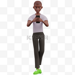 玩手机图片_男性3D形象棕色走路玩手机元素动