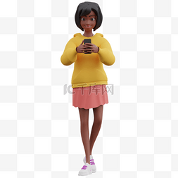 黑人女性动感步行玩手机姿势