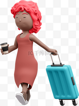 拖着行李箱的图片_漂亮女性出行姿势3D棕色女性拖着