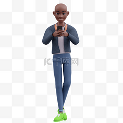 玩手机图片_走路玩手机的帅气男性3D黑人男性