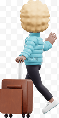 3D棕色女性拖着行李箱的时尚姿势
