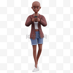 玩手机图片_帅气女性手机步行3D黑人形象结构
