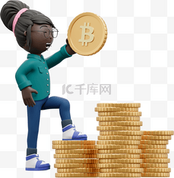 3D黑人女性手持金币比特币动作姿