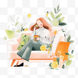 养生休闲图片_女孩在沙发喝咖啡手绘养生元素