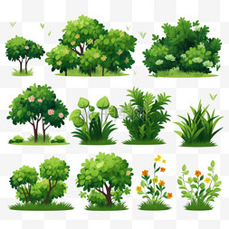 树木的年龄图片_绿树带花卡通森林和公园带花灌木