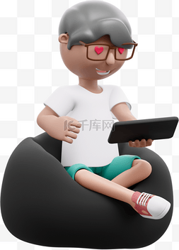 3D白人男性玩平板手机形象男人帅