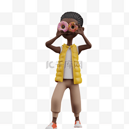 3D黑人男孩摆拍甜甜圈帅气可爱动
