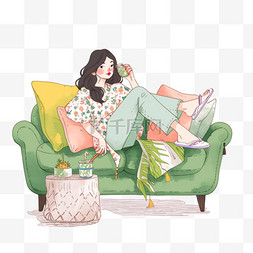 养生休闲图片_养生女孩在沙发喝咖啡元素手绘