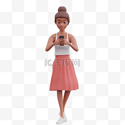 玩手机图片_帅气女性步行姿势电话中的3D棕色