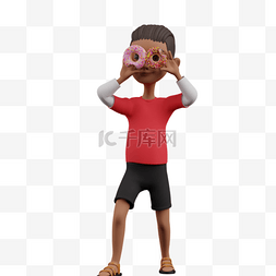 帅气动作的3D棕色男孩拍甜甜圈照